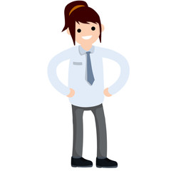 Successful businesswoman in strong pose. Hands at the waist. Cartoon flat illustration. Office worker. Happy woman in suit and tie