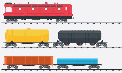 Freight train locomotive with three kinds of railcars. Railroad cargo transport.  Railway carriage with  goods wagons.