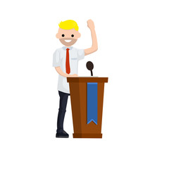 Presidential election. Male politician stands behind the podium. Male speech. Debate and discussion. Lecturer at lecture in suit. Cartoon flat illustration