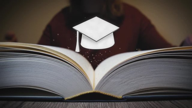 Graduation cap appears from a book when it is opened. Studying, learning, education system, university. Glowing graduation cap.