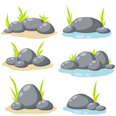 Set of stones for the background. Forest and mountain environment. Granite on white background. Gray cobblestone with moss and grass