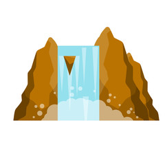 Waterfall on the mountain. Rocks and water. Tropical island, Southern landscape. Cartoon flat illustration. Pond and lake. Water falls down. Summer season