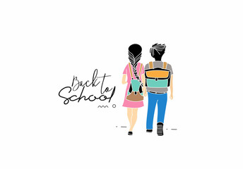 Back To School Calligraphic 3d Style Text with Boy and girl with school bags behind the back Vector illustration Design.