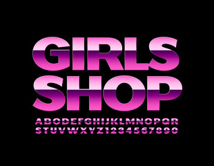 Vector pink metal logo Girls Shop with reflective glamour Font. Modern Alphabet Letters and Numbers
