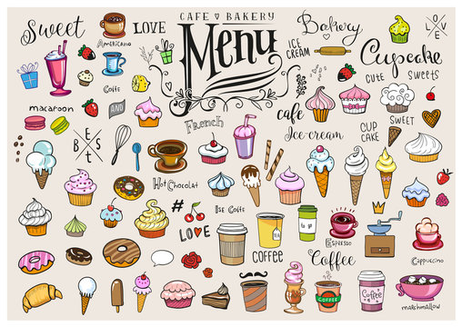 Drawings of various objects for cafes or bakery