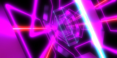 3D abstract background with neon lights. neon tunnel .space construction . 3d illustration