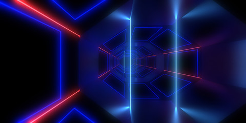 3D abstract background with neon lights. neon tunnel .space construction . 3d illustration
