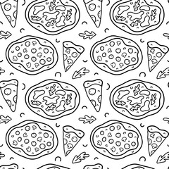 Pizza doodle pattern, linear hand drawn art good for wrapping paper, tasty italian pizza with mozzarella and sausage, pepperoni and margarita, black and white background, cartoon drawing © Favebrush