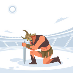 An ancient warrior or Gladiator greets his master in the arena. Vector isolated illustration. Flat cartoon style