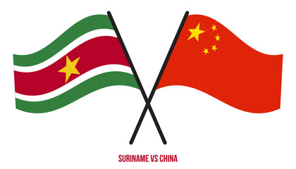 Suriname and China Flags Crossed And Waving Flat Style. Official Proportion. Correct Colors