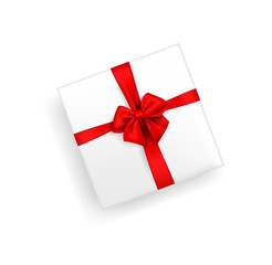 White gift box tied with silk or satin ribbon. Vector isolated stock illustration of a gift with a red bow on a white background in a realistic style. The view from the top. flat lay