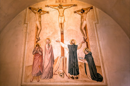 Crucifixion of Jesus Christ, 15th century fresco by Fra Angelico inside a monastery cell, in Convent of San Marco. Florence.
