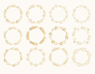 Fototapeta premium Set of golden wreaths with plants. Holiday design.