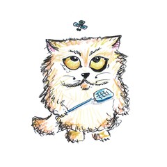 hand drawn cat with fly swatter