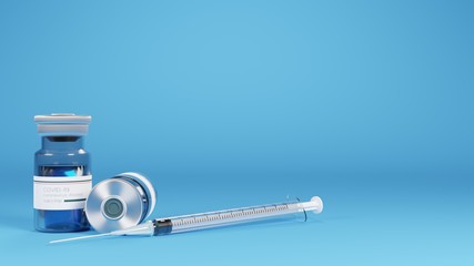 Vaccine and syringe injection. It use for prevention,immunization and treatment from corona virus infection.3D Render.