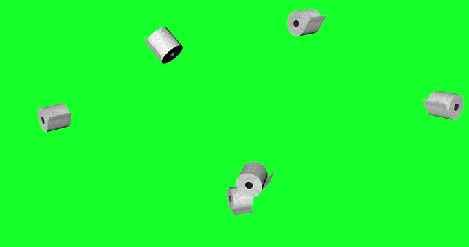 Rain of 3d Toilet paper rolls falling on green screen or chroma key background. Close up view. People stocking up concept. Abstract animation in 4k. 