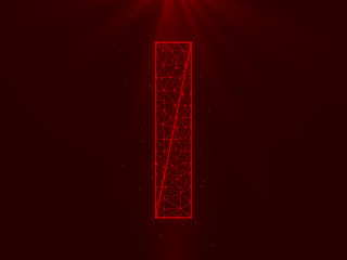 Letter I - futuristic letter symbol polygonal wireframe connections between dots and lines and red lens flare above glowing on dark red background 3D render	
