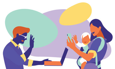 Video call family via smartphone, even far away. Vector illustration.