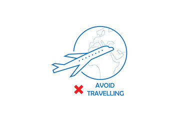 Avoid nonessential travel concept, oronavirus disease COVID-19 advice for the public sign on white background, commercial aeroplane with Stop symbol Vector Color Icon design