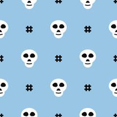 Simple seamless pattern with repeating skull and hashtag. Vector illustration.