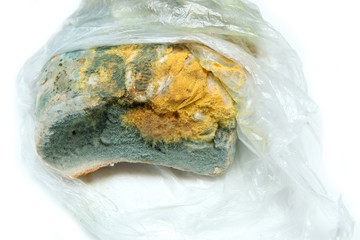 The picture of a fully mouldy bread because of the wrong storage in hdpe sack. Rotten and uneatable. Isolated on white background. 