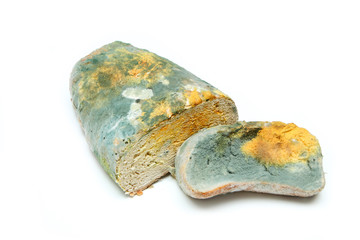 The picture of a fully mouldy bread because of the wrong storage. Rotten and uneatable. Isolated on white background. 
