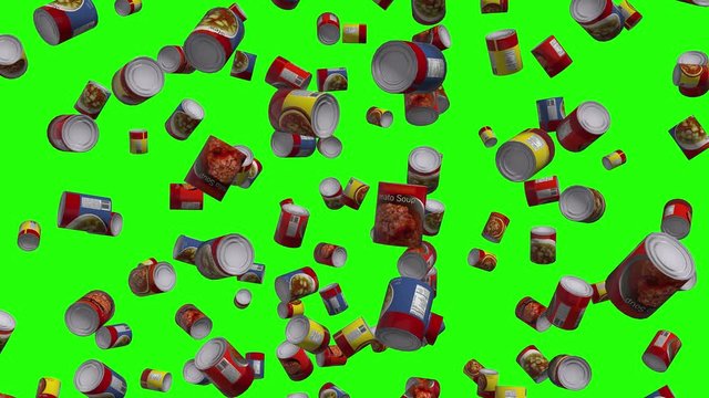 3D rain of food cans falling on green screen. Canned flying on chroma key background. Storage bunker concept. Conserved food stock crisis.  4k animation