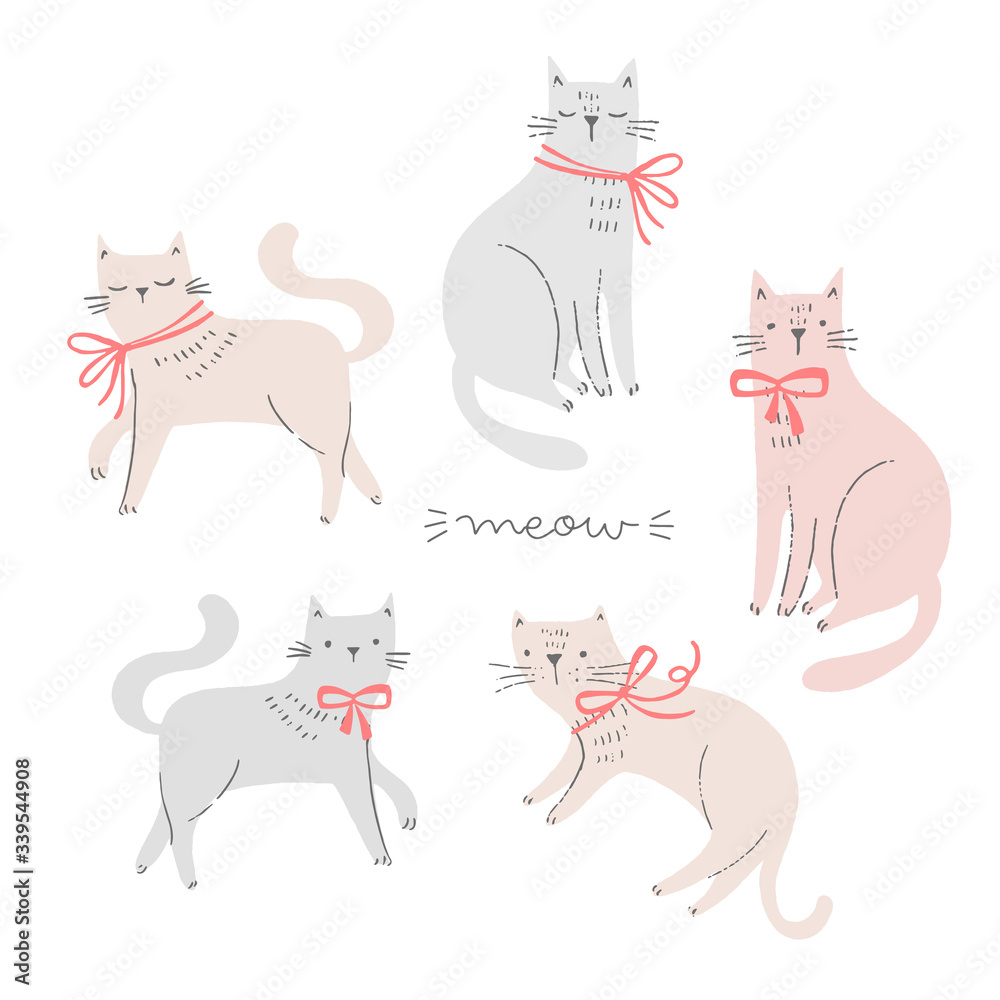 Wall mural set of hand drawn cats wearing a bow, ribbon. elegant cat illustrations. girl children vector doodle