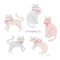 Set of hand drawn cats wearing a bow, ribbon. Elegant cat illustrations. Girl children vector doodle illustration.