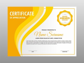 Simple Abstract Fresh Yellow Wave Certificate Design, Professional Modern Certificate Template Vector