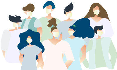 Group of people wearing white medical face masks. Coronavirus Covid-19 prevention method. Stay healthy precaution. Flat vector illustration