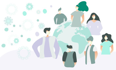 Obraz premium Showing people around the planet wearing medical masks. Global pandemic of Coronavirus Covid-19. Stay healthy, wear mask. Flat vector illustration. 