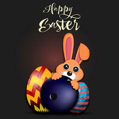 Happy Easter. Easter eggs, rabbit and bowling ball