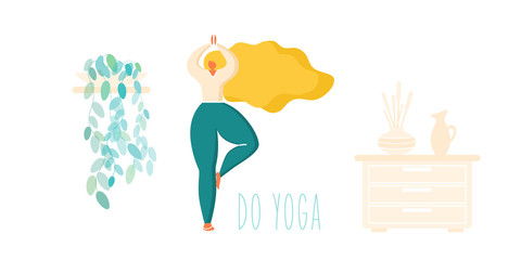 Woman doing yoga exercises at home - vector
