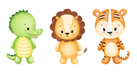 Cute cartoon wild animals set on a white background