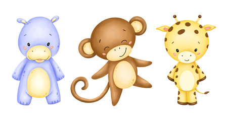 Cute cartoon wild animals set on a white background