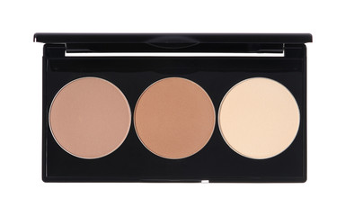 Multi color palette of trendy shades of eye shadow isolated on white background.
