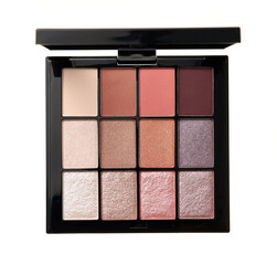 Multi color palette of trendy shades of eye shadow isolated on white background.