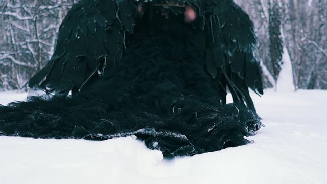 CU shot, backside view, slow motion: female model in black phoenix costume with large wings walks through deep snow in winter forest