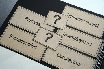 Creative cards show the impact of coronavirus on business, economic crisis, finances, unemployment. Covid-19 concept on a black background.