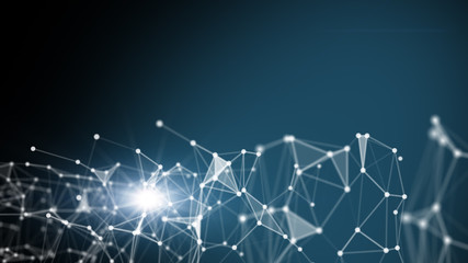 Technology network and communication with line and dot moving with transfer information data line and dot on blue background. Network background science concept.