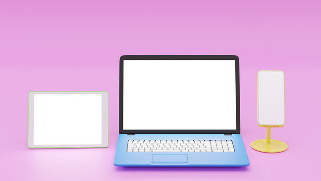 3D Illustration blank screen blue Laptop , Tablet and yellow smart phone on light pink Background, colorful Laptop Computer and mobile with white display.