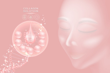 Hyaluronic acid skin solutions ad, pink collagen serum drop with cosmetic advertising background ready to use, illustration vector.	