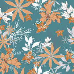 Oriental floral seamless pattern. Textile print with tropical flowers on a blue background. Vector illustration for fabric, home textiles, wallpaper on the wall and bedding.
