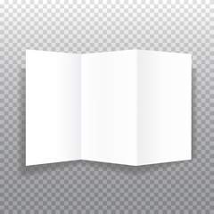 Realistic bifold paper brochures on transparent background with soft shadows. White open booklet template. Business card design or flyer mock-up. Vector illustration.