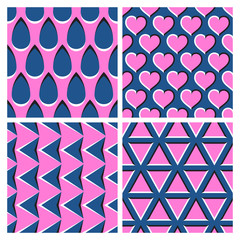 Set of pink blue optical illusion seamless patterns of moving drops, hearts, cursors and triangles shapes.