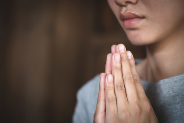 Pay respect, woman Praying hands with faith in religion. Namaste or Namaskar hands gesture,  Prayer position.