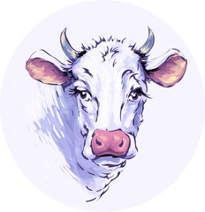 White cow. Sketch. Cow head, freehand drawing, vector image.