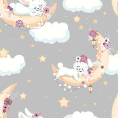 Seamless background with sleeping bunny on cloud