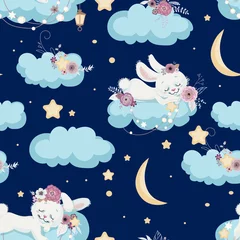 Peel and stick wall murals Sleeping animals Seamless background with sleeping bunny on cloud